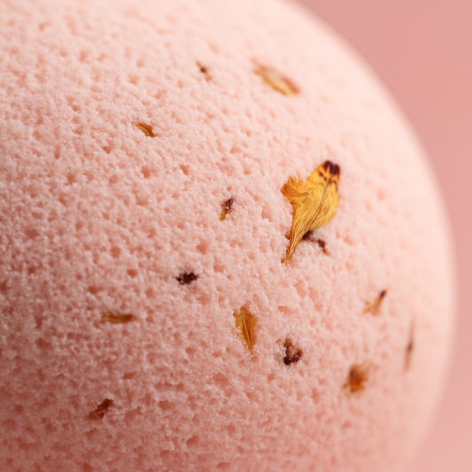 Close-up of a pink bath bomb with natural elements on a pink background