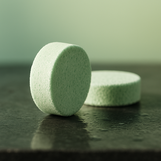 Two green shower steamers on a dark surface with a blurred green background