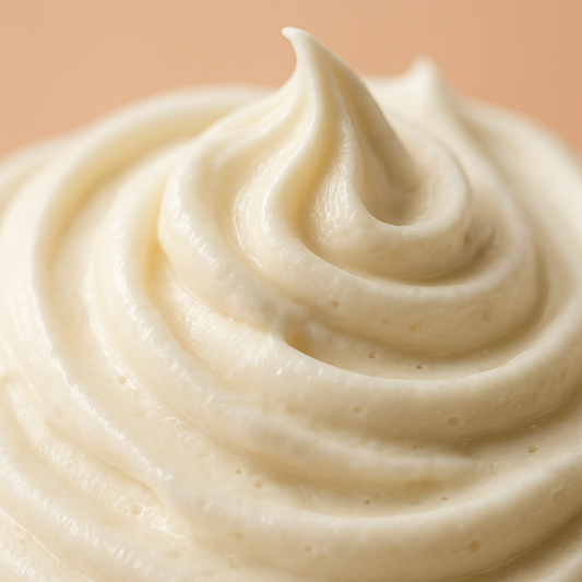 Close-up of creamy beige body butter on a peach background