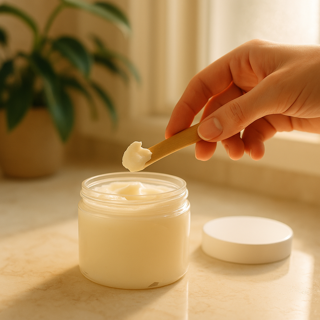 Hand using a wooden spoon to scoop body butter from a jar on a light surface with a plant in the background.