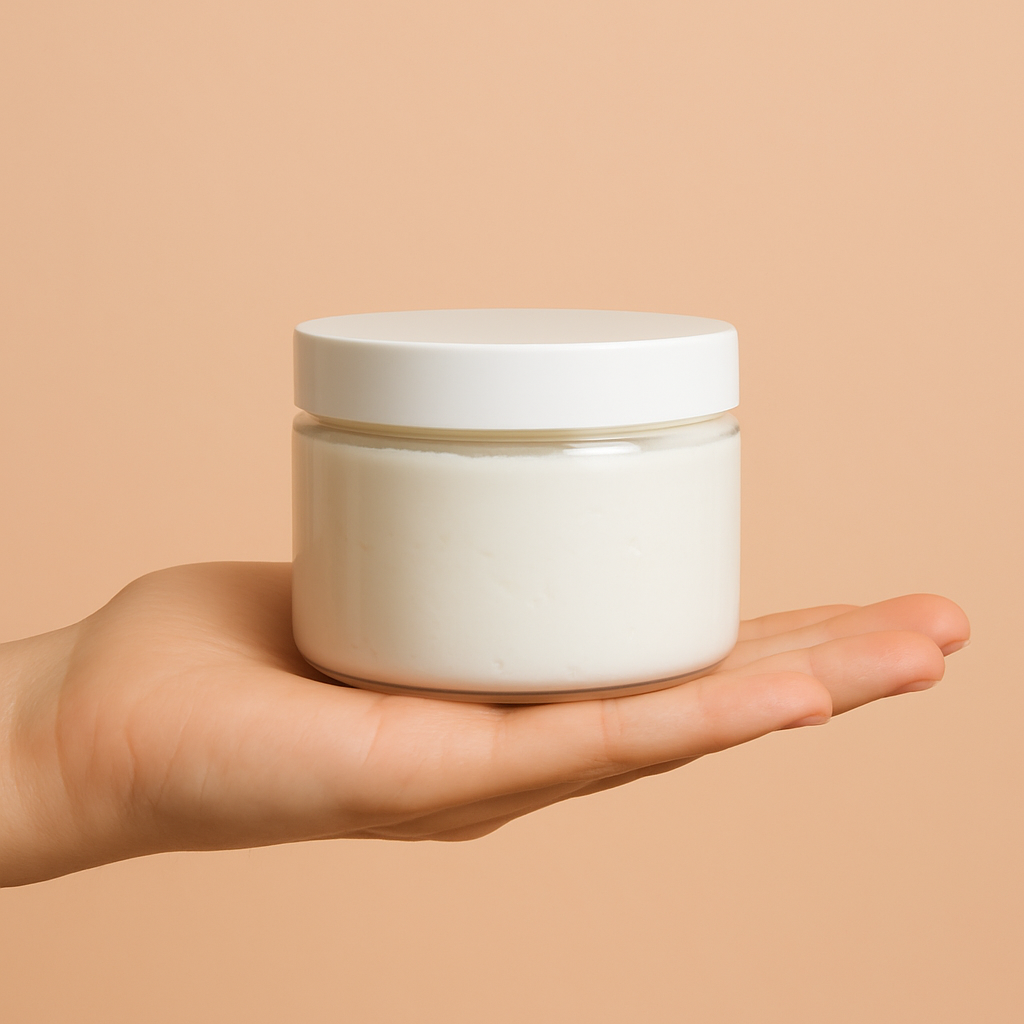 Hand holding a white jar of body butter with a beige background