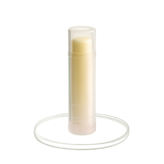 Cylindrical container of lip balm with a white background