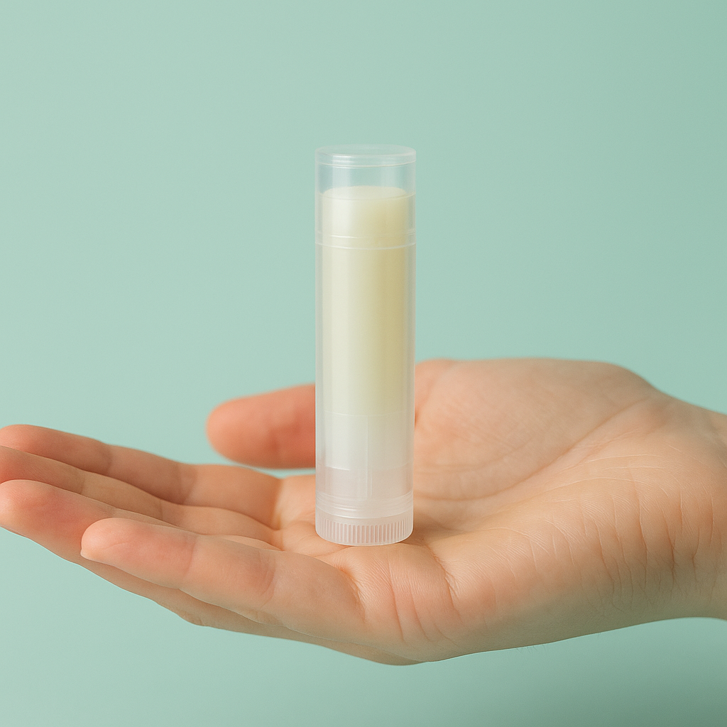 Hand holding a clear lip balm tube against a light green background