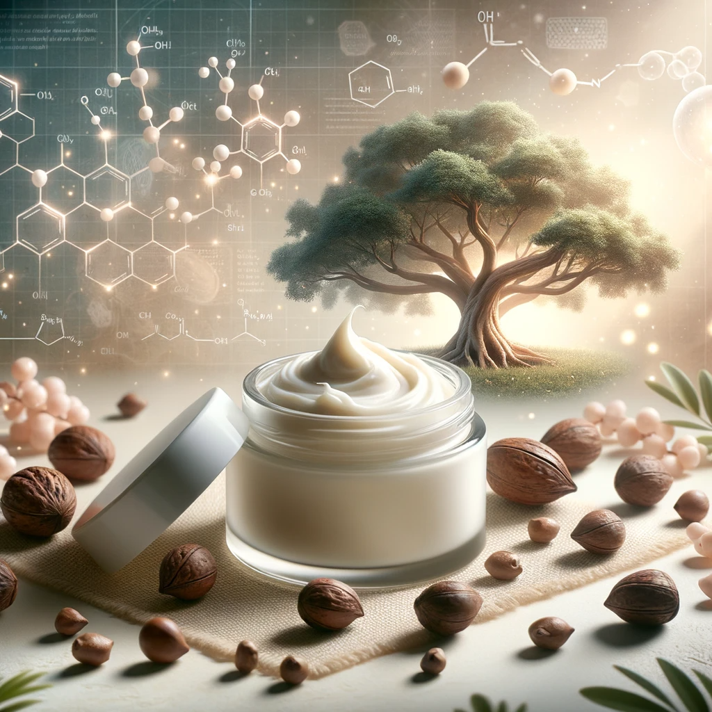 Open jar of Shea Body Butter revealing its creamy texture, surrounded by raw shea nuts, with a depiction of the shea tree in the background. Scientific molecular structures subtly overlay the serene setting, emphasizing the science behind the ingredient.