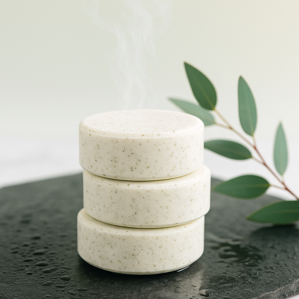 Three stacked white shower steamers on a dark surface with green leaves in the background