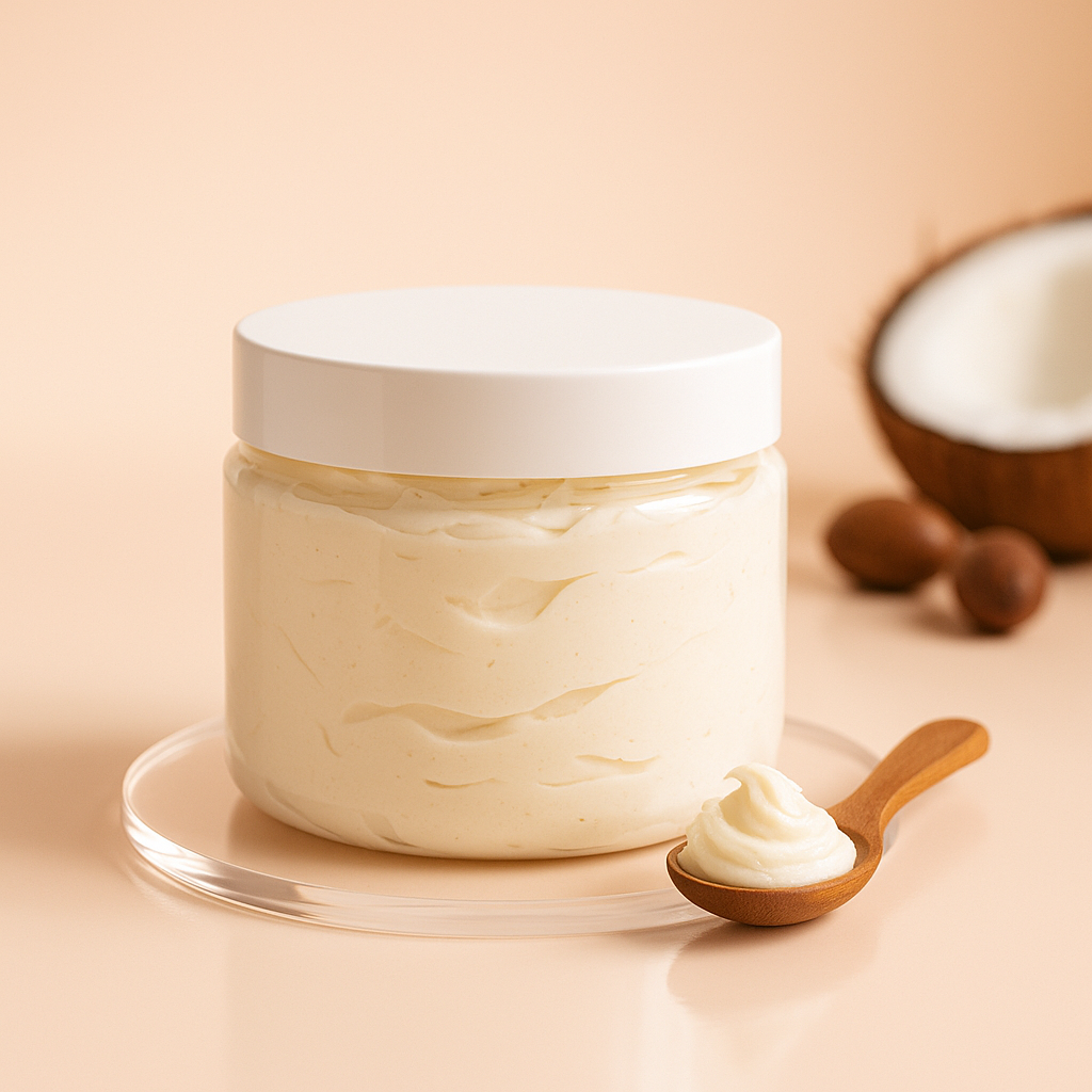 Jar of white body butter with a wooden spoonful on a beige background