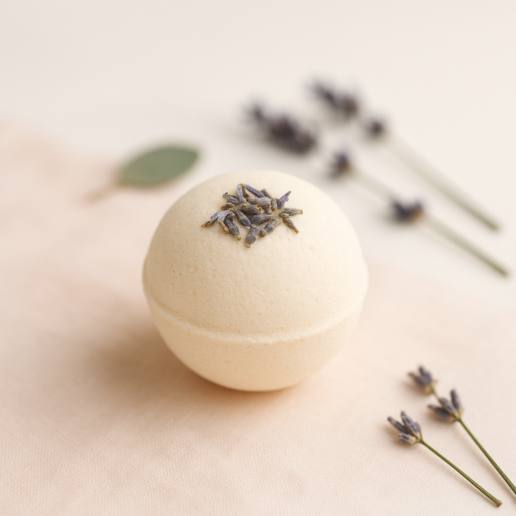 Bath bomb with lavender flowers on a light beige background