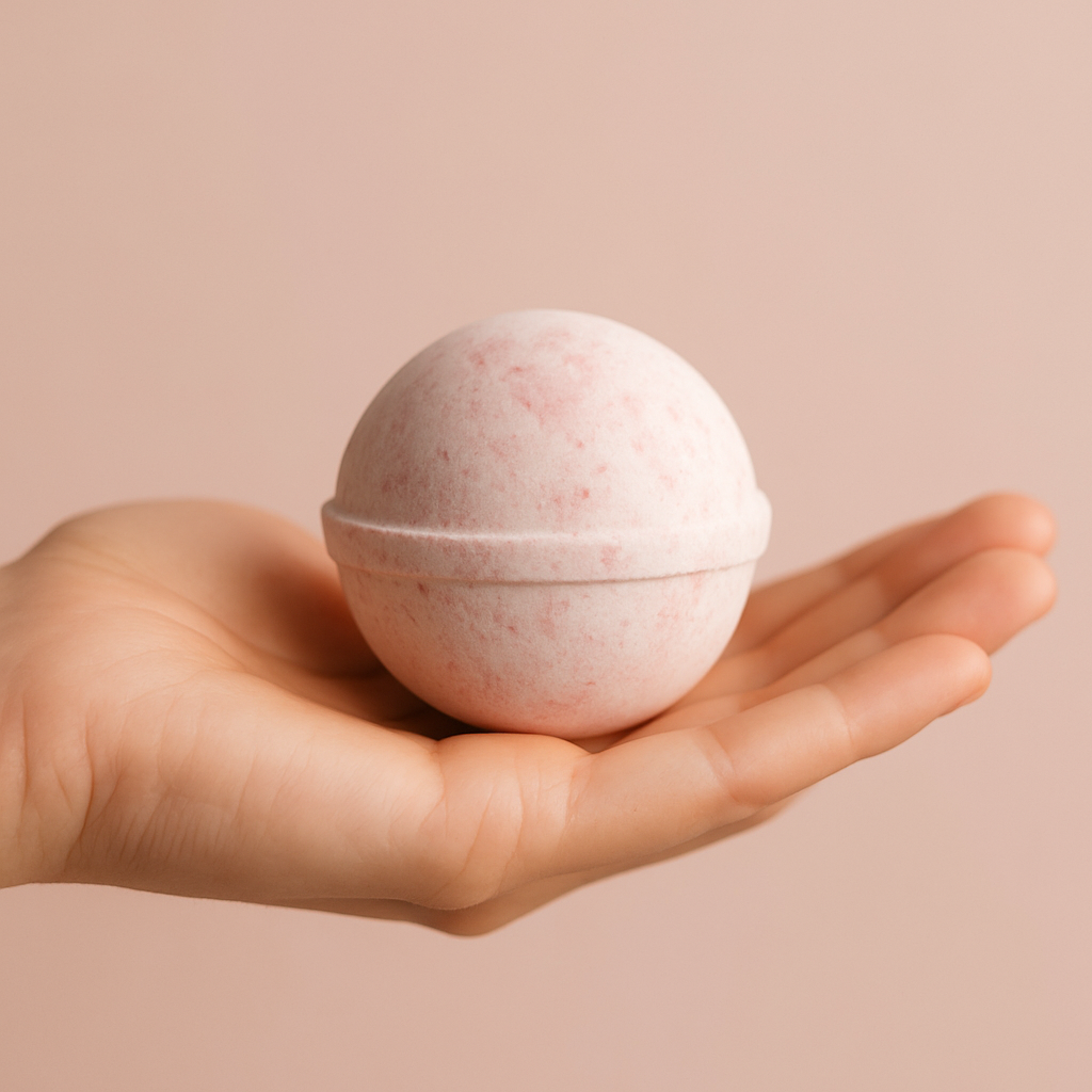 Hand holding a pink bath bomb against a beige background