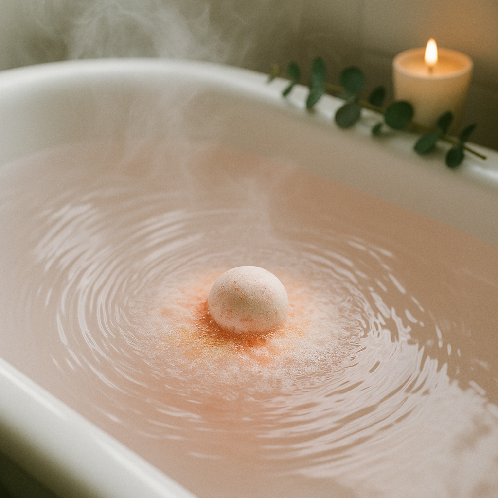 Bath bomb fizzing in a white bath tub with a lit candle perched on the edge next to a eucalyptus sprig.