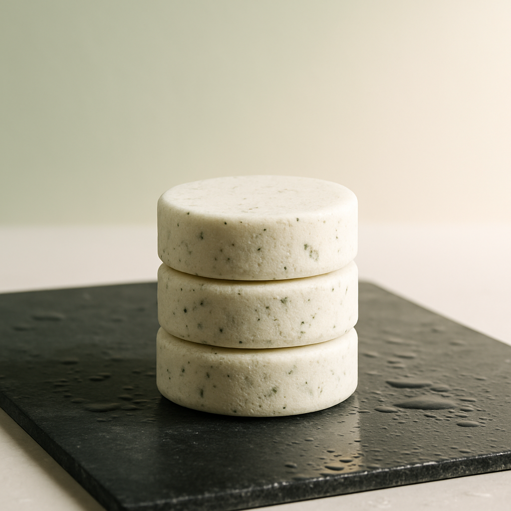 Stack of three shower steamers on a dark surface with a neutral background