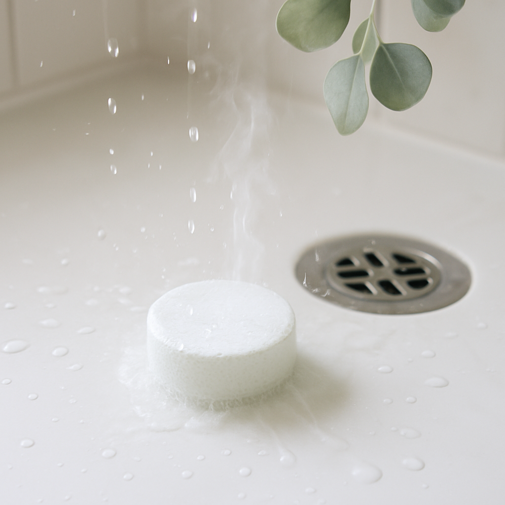 White shower steamer on a white tub floor with water droplets and a green leaf.