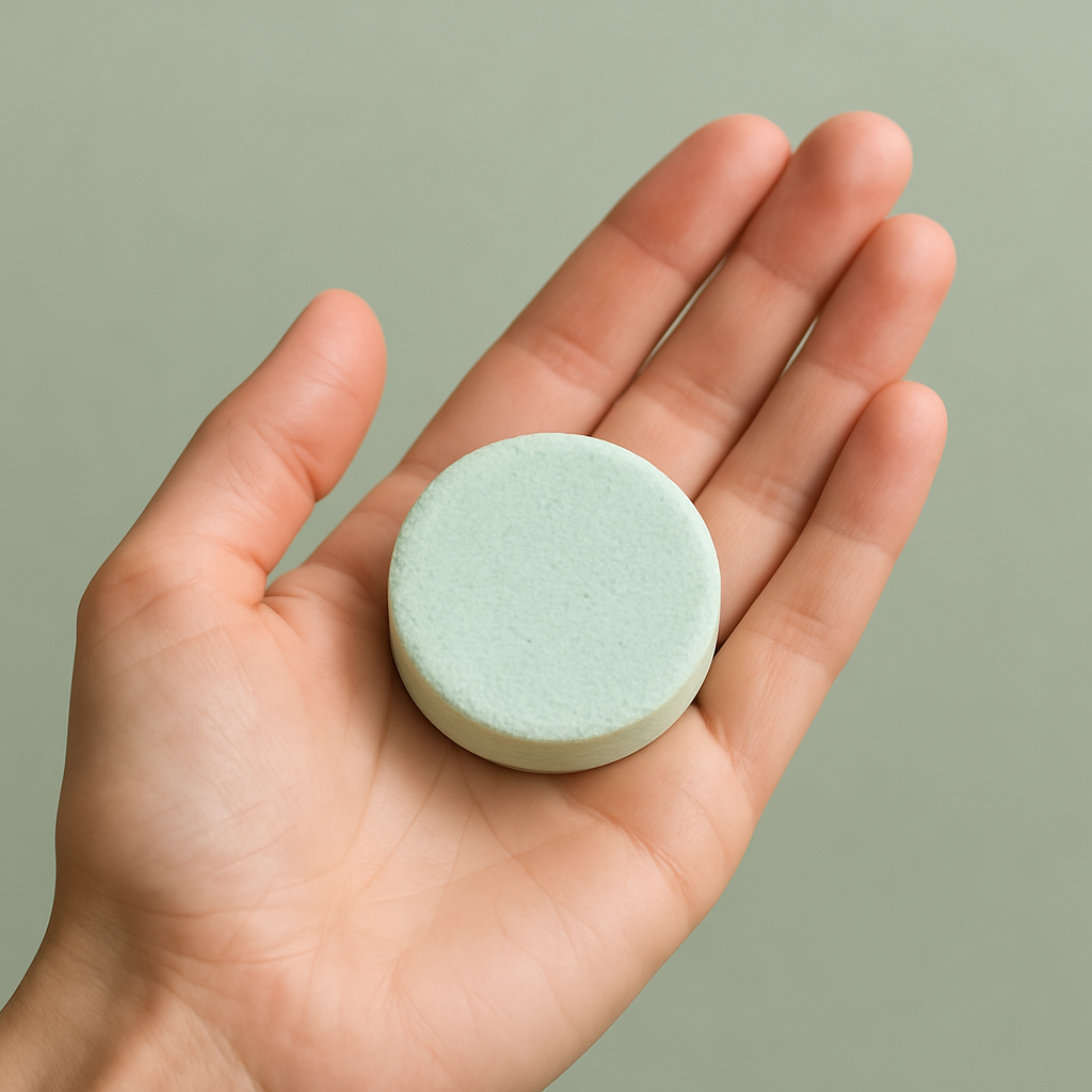 Hand holding a round, light green shower steamer against a plain background