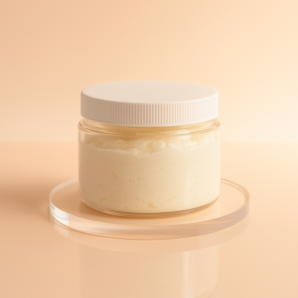 Jar of body butter on a beige background
