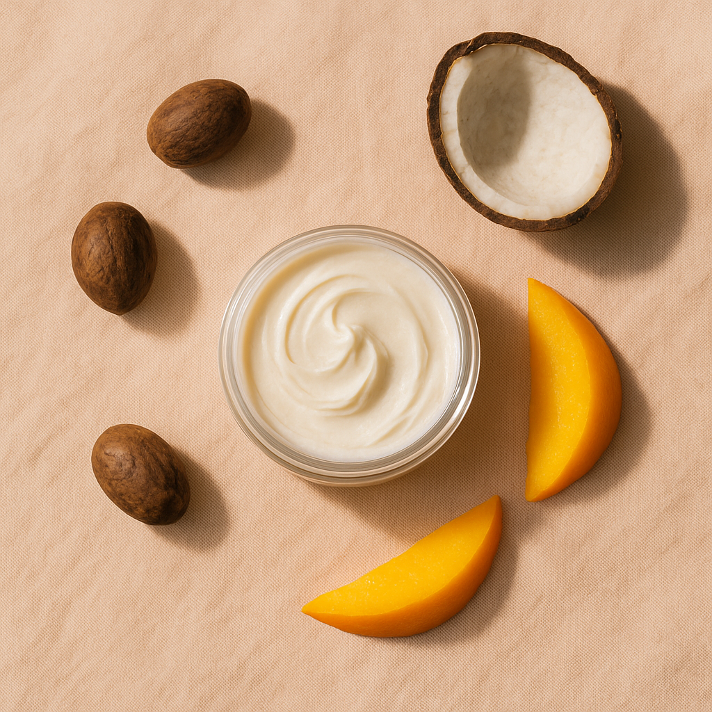 Jar of body butter with coconut, mango, and shea butter on a beige background