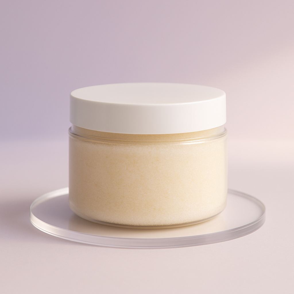 White jar of sugar scrub with a lid on a clear stand against a light purple background