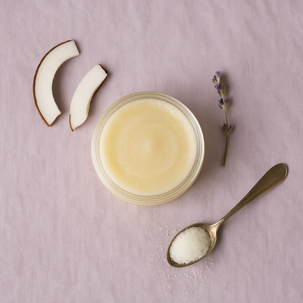 Jar of sugar scrub with coconut halves, a spoon, and lavender on a pink background