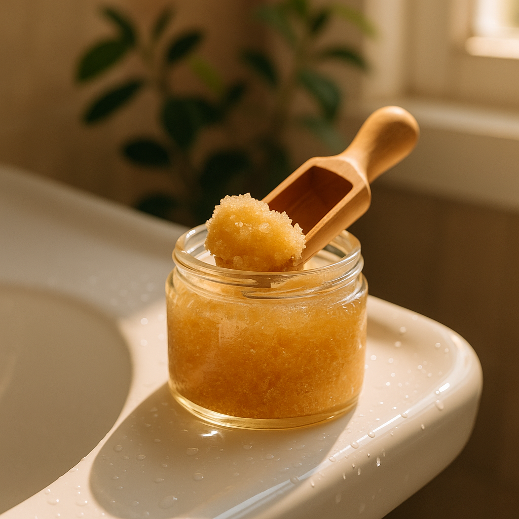 Jar of brown sugar scrub with a wooden scoop on a bathroom counter.