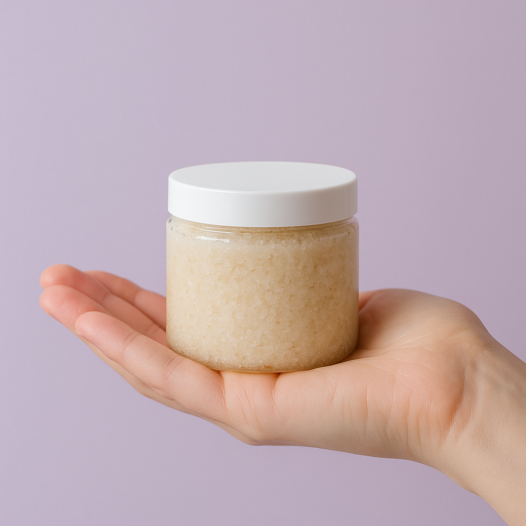 Hand holding a small jar of sugar scrub with a white lid against a light purple background