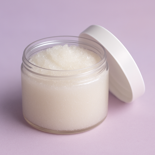 Jar of white sugar scrub with a white lid on a light purple background