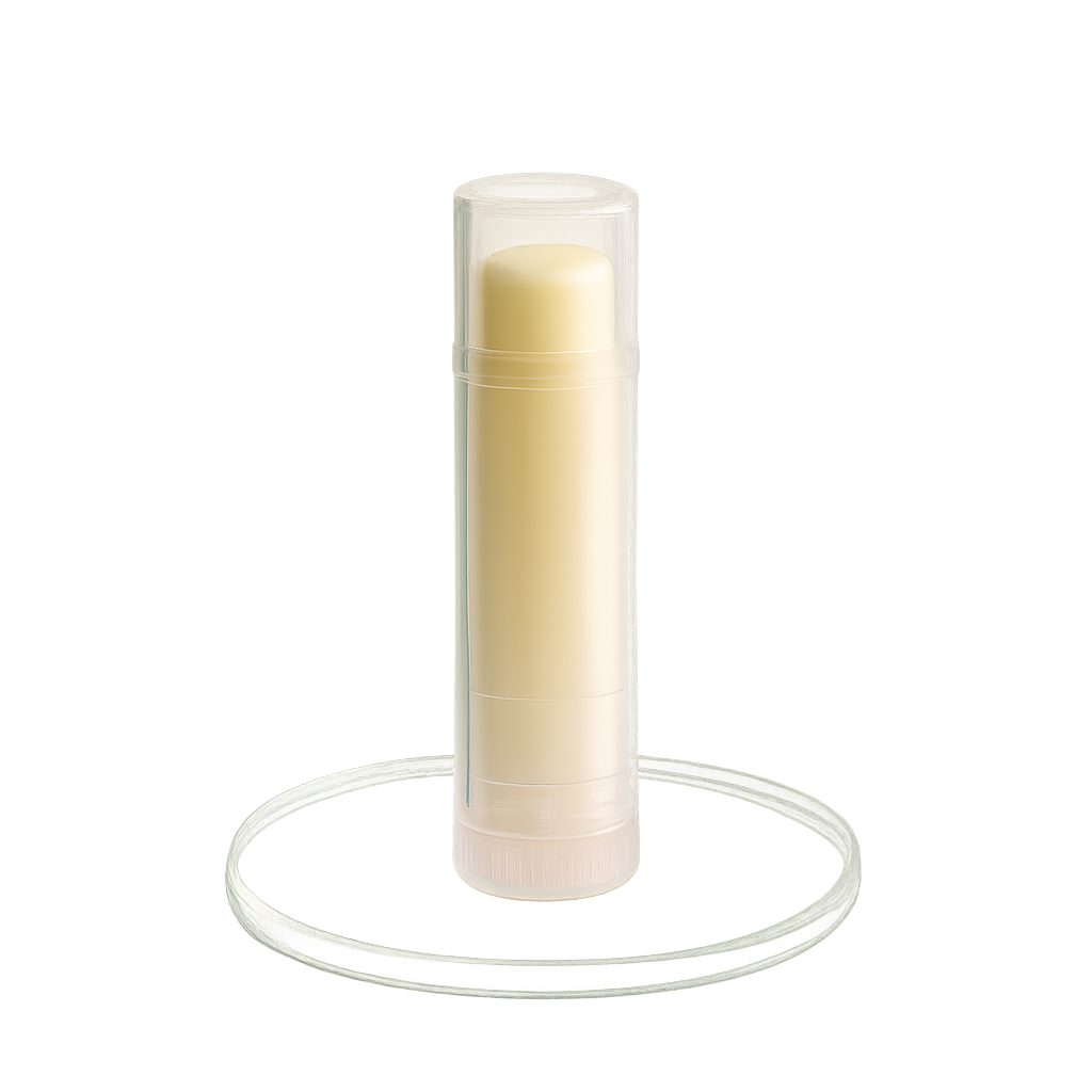 Cylindrical container of lip balm with a white background