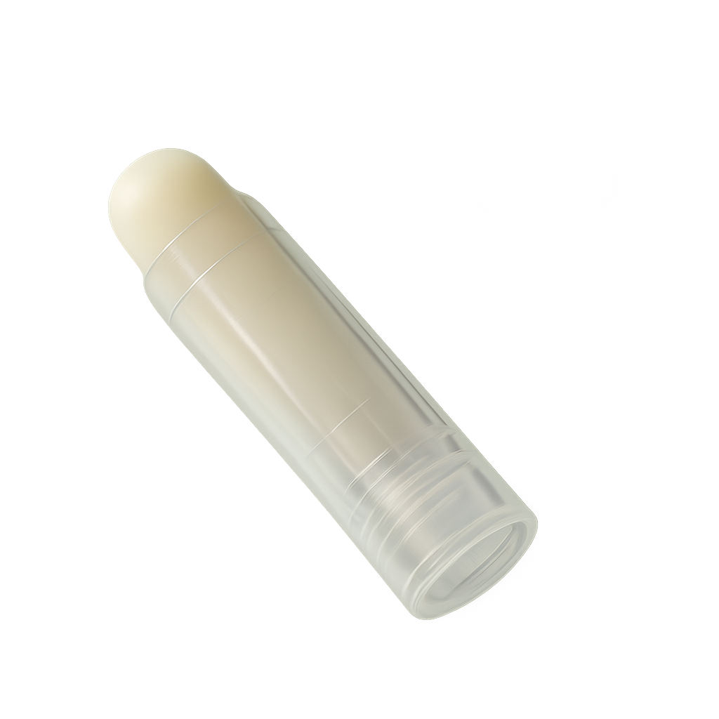 Clear plastic tube of lip balm with a white cap on a white background