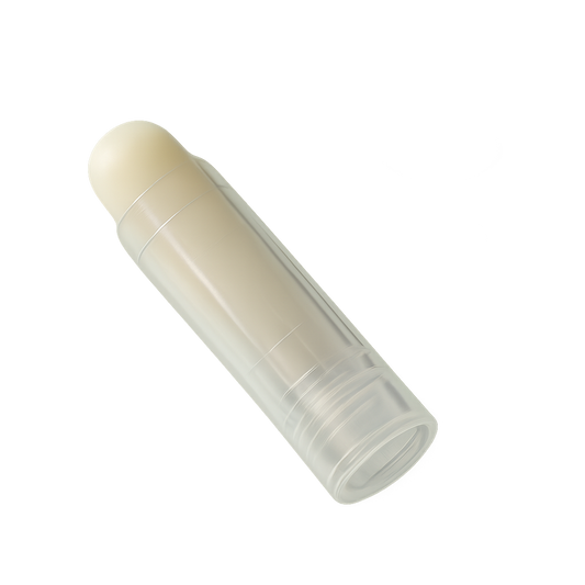 Clear plastic tube of lip balm with a white cap on a white background