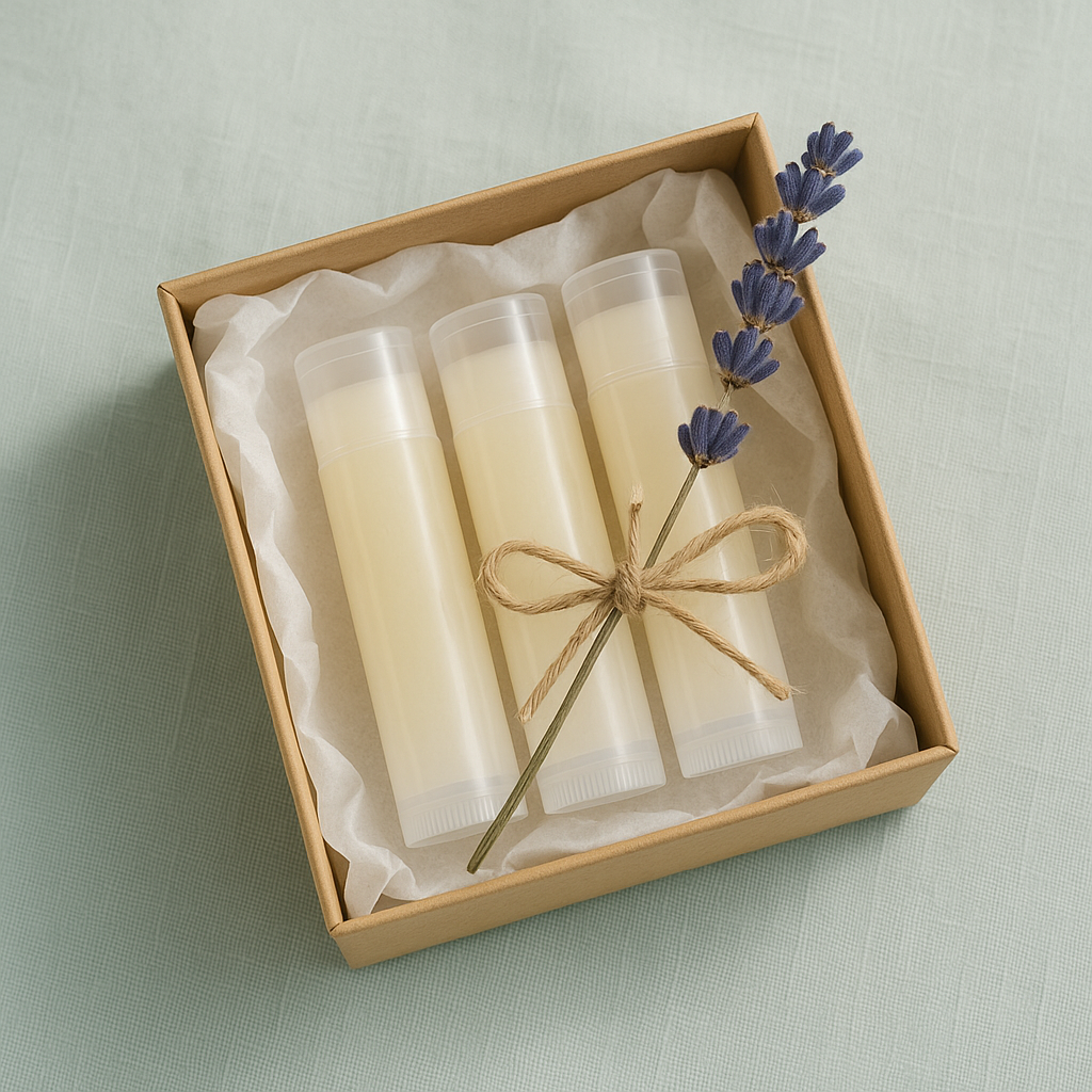 Three cylindrical lip balm tubes in a box with a sprig of lavender on a light green background