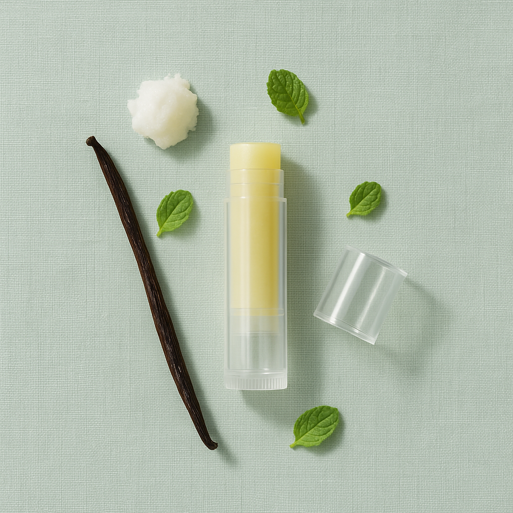 Lip balm stick with vanilla bean and mint leaves on a light green background