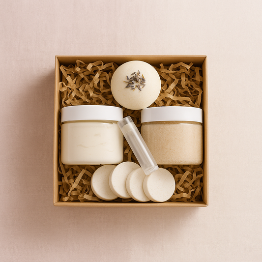Skincare product set with jars, a tube, and round containers in a decorative box on a beige background